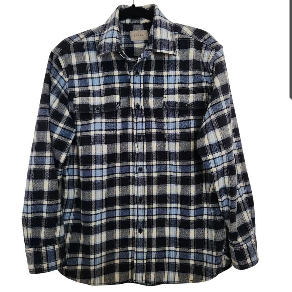 Jachs Mens Blue Plaid Button-Up Flannel Shirt Chest Pockets Size Large